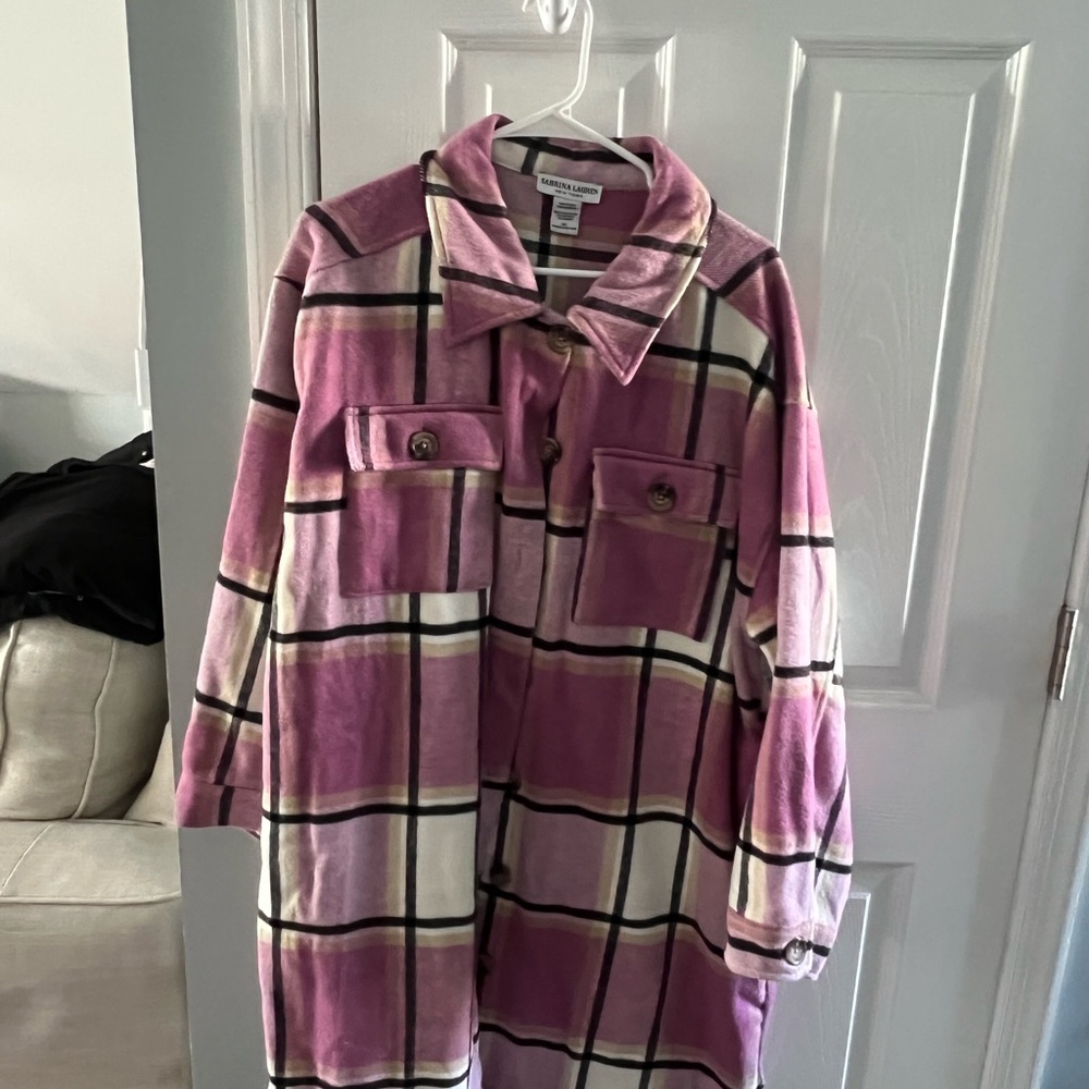 Pink and White Teddy Jacket with Bold Plaid Design